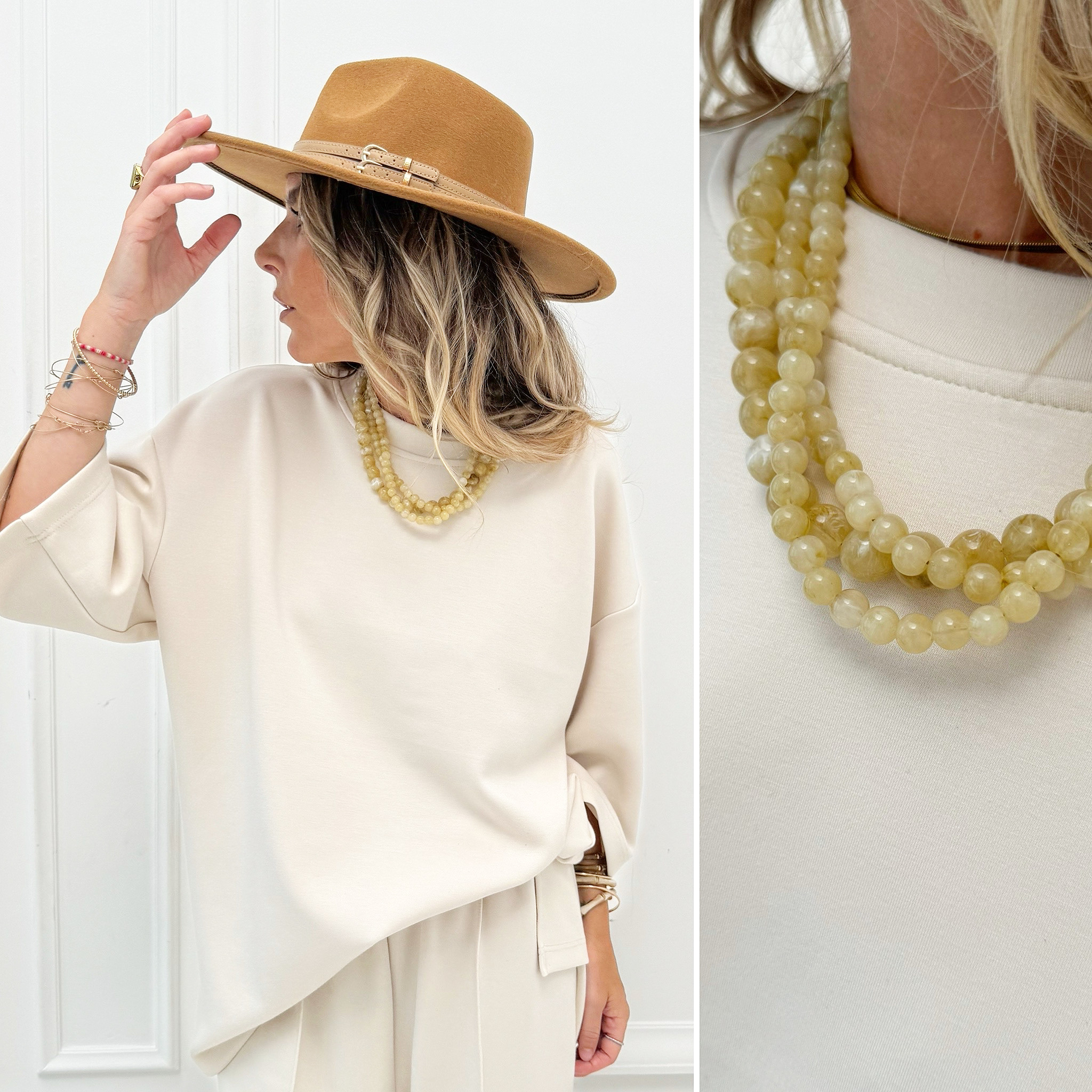 Collier Vintage Ancien En Perles De Nacre Beige - Fermoir Crochet Argenté - État Impeccable